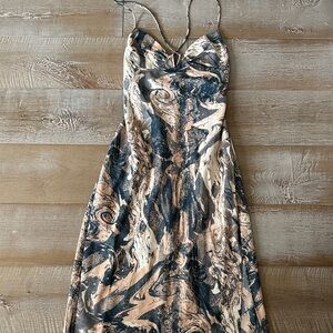 Vici Straps ties in back Marble Swirl Dress - Blue peach/tan and Cream